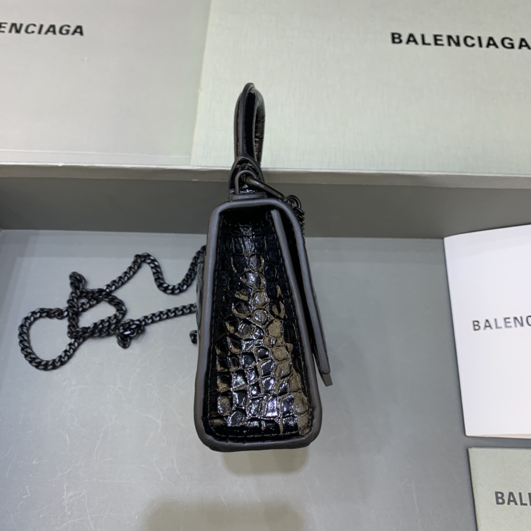 Balenciaga Hourglass Mini Handbag With Chain Crocodile Embossed Shoulder Bag Black